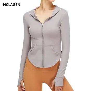 Дамско яке за йога NCLAGEN с качулка, ризи за фитнес с цип, спортен топ с дълъг ръкав, спортни дрехи за фитнес, бързосъхнеща облекло за тренировки