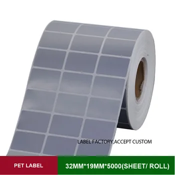Сребърни PET етикети 32 * 19 мм * 5000 листа/ ролка, залепваща хартия за търговска марка
