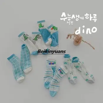 Детски летни чорапи дишащи копринени мрежести чорапи с анимационни динозавром, чорапи в клетката и ивица