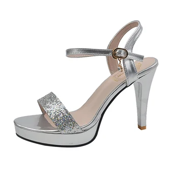 Дамски сандали на висок ток със златен, сребърен блясък, лято 2023, обувки-лодка на платформа с каишка на щиколотке, женски пикантни вечерни обувки на висок ток