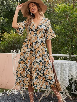 LiTi Лятото женствена рокля, модни дрехи Ins, сексуална ежедневното тънката рокля с V-образно деколте и цветен модел