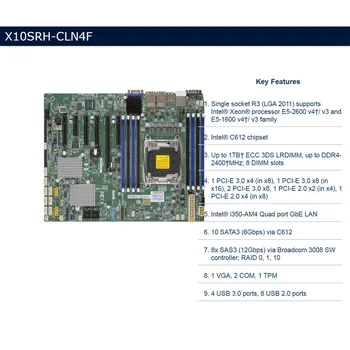 X10SRH-CLN4F За сървърна дънна платка Supermicro с един конектор Intel C612 LGA 2011 DDR4 Поддържа E5-1600 v4/v3 E5-2600 v4/v3 Напълно