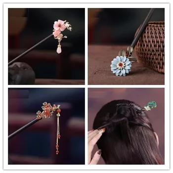 Ретро цвете в китайски стил, пискюл от камък, дървена шнола с ръчно изработени, пръчки за коса, аксесоари за коса, шапки за кимона, cosplay