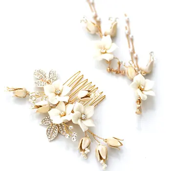 Бяла керамична сватбена гребен за коса с ръчно изработени с цветен модел, планински кристал, златен лист, женски сватбена прическа, бижута за бала