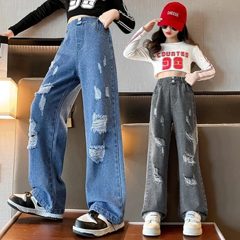 Нови модни директни детски джинси с дупки, широки дънкови панталони за момичета, свободни панталони с еластичен ластик на талията, пролетно-есенен детски дрехи
