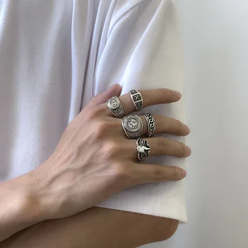 Мъжки тенденция метален пръстен в стил ретро, стръмни Красив дизайн, тотем, геометрично мъжки пръстен, комплект от 5 пури в ограничени бройки на пръстените 