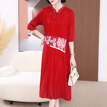 Лятото плиссированное рокля за майките на средна възраст Miyake, новост, червено, по-добро в по-големи размери, сватбен костюм Чонсам, дълга рокля