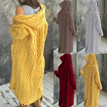 нов жилетка с плетением от печено тесто в лениво стил, дълга жилетка с качулка, есенно-зимни дамски дрехи