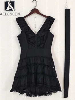AELESEEN/ Подиумное модно дамско лятна рокля без ръкави с V-образно деколте и накъдрен, с отворен черно-бял колан, нарушения на сърдечния мини-ежедневно