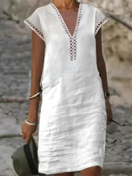 Винтажное рокля от памук и лен, Дамски дрехи лято Освещава всекидневния луксозно инфлацията Модни бели рокли Миди размер Оверсайз Vestidos