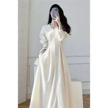 Секси дълга рокля в корейски стил, японското рокля, секси Рокля пролет-лято 2023, бяло френско рокля с V-образно деколте, секси винтажное бяла дълга рокля
