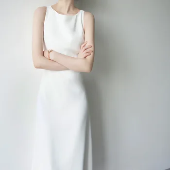Елегантна бяла рокля-жилетка без ръкави, с висока талия и малко кръгло деколте, Темпераментное модно рокля тип А