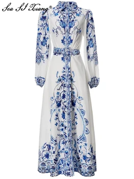 Seasixiang, модерно дизайнерско пролетно-лятно-секси дълга рокля с ръкав-фенерче, колан, сини рокли в стил инди-фолк с флорални принтом