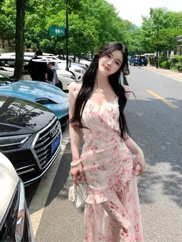 2023 Лятото е сладка рокля с флорални принтом на бретелях, секси елегантна вечерна рокля с волани, корейското модно рокля midi, секси плажна рокля за почивка