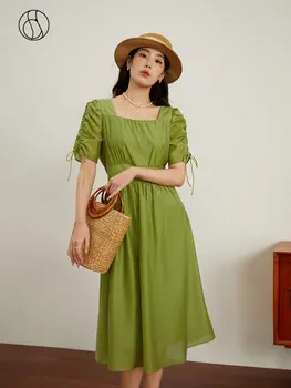 Френското винтажное рокля с завязками на талията DUSHU, лято 2023, Ново свежо рокля за жените, зелено, черно, женствена рокля с висока талия за жени