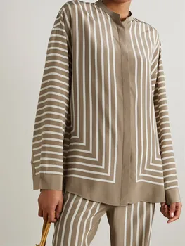 Жените риза коприна в геометрична ивица, в 3 цвята, с дълъг ръкав и копчета, свободна, Есен 2023, дамски блуза с кръгло деколте