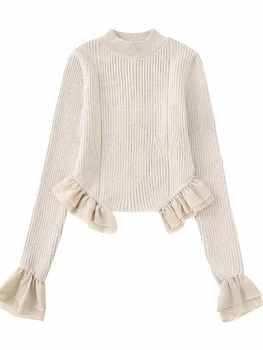 Жена Сладък бежово тънък еластичен вязаный пуловер 2023, пролетни къса пуловер с красиви набори за момичета, женски шик съкратен пуловер