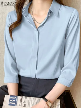 2023 ZANZEA Дамски елегантна риза с ревера и 3/4 ръкав, годишната работна блуза, OL, стилни обикновена върховете на копчета, ежедневни офис блузы