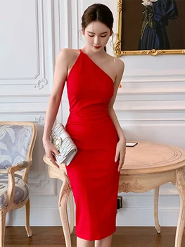 Ново Висококачествено лятното модно дамско вечерна рокля от червен на цвят, с шик секси каишка на гърба, на малка вечерна рокля midi, Сватбена дреха Mujer Vestido