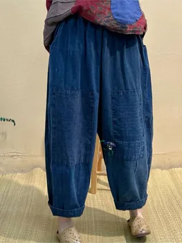 Johnature, дамски дънки с заплатками, реколта обикновена зреещи с бродерия, пролетно новост 2023, ежедневни панталони с еластичен ластик на талията