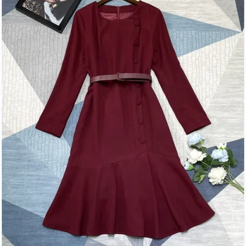 Нова дамски дрехи за пролетта и лятото на 2023, рокля с кръгло деколте и завязками под формата на рибено опашката 0308
