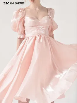 Уважаеми лятото розово, светло бална рокля от органза, рокля с квадратна яка и пищни ръкави, ретро-женствена рокля midi-халат, Страхотна торта, Vestidos
