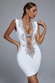 HQBORY Женското сексуално дебнещ рокля в перламутровую ивица, Новата Мода на известни Личности, мини-бандажное рокля в Бял Цвят