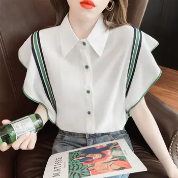 Риза райе с принтом Пагоди, пролетно-лятната модна блуза 2023, корейски Стил, отложной яка, Риза с къс ръкав за жени