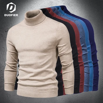 Тънък обикновен пуловер с висока воротом, мъжки есенно-зимни топли плетени пуловери с високо воротом и дълъг ръкав, класически 6-цветен ежедневни долна риза