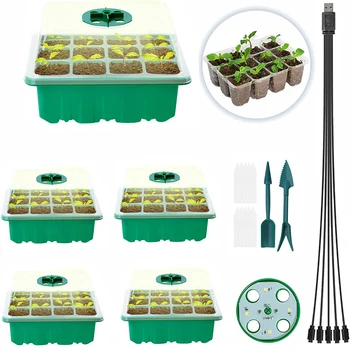 5 Опаковки за еднократно тави за кваса на семена, с осветление за отглеждане на разсад, Комплект за покълване в оранжерия с регулируема влажност на въздуха за отглеждане на семена