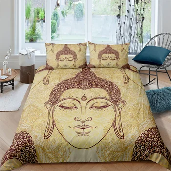 Домашен текстил, луксозен 3D златен принт на Буда, 2/3 бр., детски Чаршаф, калъфка за възглавница, комплект спално бельо, размерът на една кралица и крал AU/EU/US