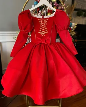 От 0 до 12 години, есенно-зимно червено бархатное винтажное бална рокля от испанската принцеса с бродерия, празнична рокля за Коледа
