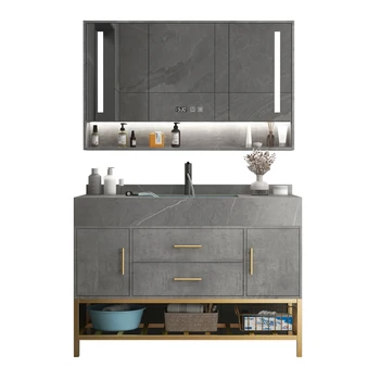 Лек и луксозен шкаф за баня от масивно дърво, интелигентен огледален шкаф, каменна печка, керамични вградена мивка