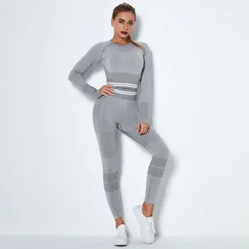 Комплект от две части, женски тренировъчен комплект, безшевни вязаный спортен костюм за йога с дълги ръкави, дрехи за фитнес, шарени панталони за фитнес, бързо съхнещи