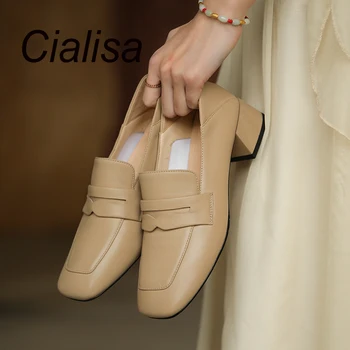 Cialisa/ Пролет-есен Нова дамски обувки; Лаконичная Удобни обувки с Квадратни пръсти от овча кожа На среден ток; Ежедневни обувки-лодка; Дамски Обувки 40 Черно