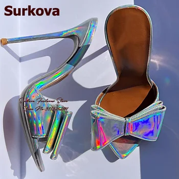 Сандали Surkova със сребристи голограммой, преливащи се цветове, лачена кожа, голяма пеперуда, остър чорап, модерни чехли на висок ток, модел обувки без закопчалка