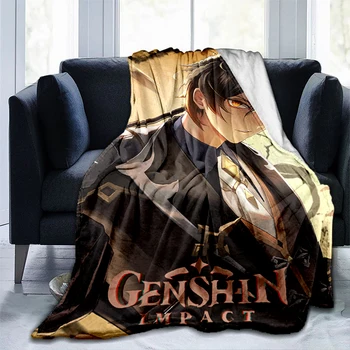Фланелевое одеяло Genshin Въздействието на поръчка, мультяшное одеяло новост, теплоизоляционное одеяло за офис, домашно пътуване, одеало за пикник