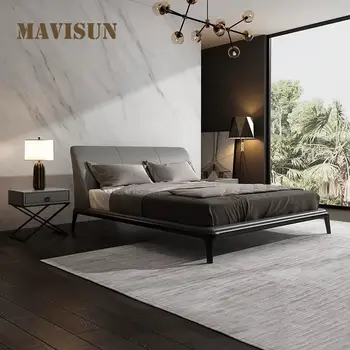 Италианско легло от масивно дърво 1,8 м лесно Луксозна кожена Модерна минималистичная спалня с двойно легло, мека опаковка, легло в скандинавски стил минималистичном