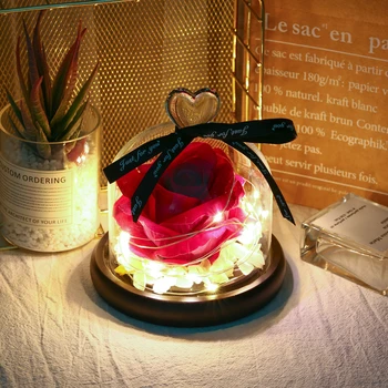 Настолна Нощна Лампа Подарък За Свети Валентин Любов Със Стъклен Капак Изкуствена Роза Осветление Украса Роза Нощна Светлина За Дома, Декоративни