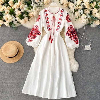 Бяло богемное лятна рокля 100% памук за жените 2023, реколта луксозен национална бродерия, Елегантни празнични ежедневни дълги рокли