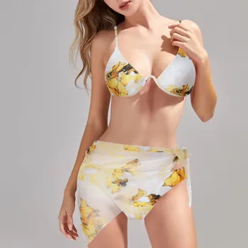 Жена комплект бикини с флорални принтом, секси мрежести бански костюми-тройки с сокрытиями, бански-прашка с ниска талия, дамски блузи за плуване повдигащ