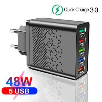 48 W USB зарядно устройство Charge QC 3.0 Стенни бързо зареждане за iPhone 14 13 12 X Samsung Xiaomi Mobile 5 пристанища на EU-US Plug адаптер за зарядно устройство