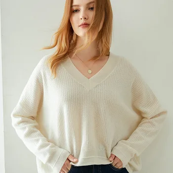 Пуловер, вязаный пуловер, зимни нови високо качество на корейските възли блузи с V-образно деколте, кухи 100% вълнен пуловер за жени