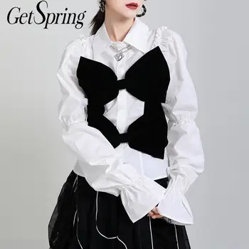 Getspring Женска Риза в стил мозайка с лък, бели Потници, блузи, подходящи по цвят, ежедневни дамски блузи в стил ретро, блузи, Мода 2020