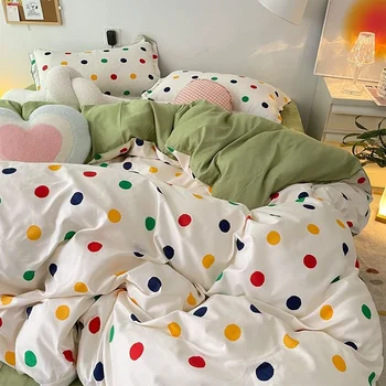 INS Корейски комплекти спално бельо в дъгата грах за момичета, просто стеганое одеяло, меко спално бельо от полиестер, чаршаф и калъфка за украса на дома