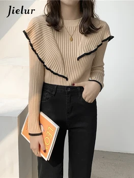 Jielur OL, вязаный пуловер с базовия дъното, женски Нов пуловер с къдри в корейски стил, пуловери, кайсиев цвят, тънки възли върховете