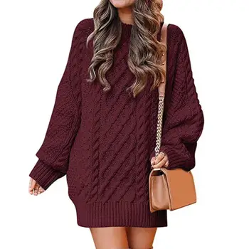 Жена пуловер, пуловер с кръгло деколте, запазва топлината, дълъг ръкав средна дължина, оверсайз, обрат, женски вязаный пуловер с кръгло деколте, обрат