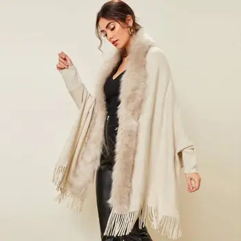 Жилетка с яка от изкуствена кожа, пончо с пискюли, однотонное палто 2021, дамски ежедневни свободна шал