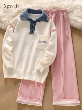 Ежедневни костюми Xgoth Kawaii за момичета, вязаный пуловер с отложным яка, женски комплект детски розови директни ежедневни панталони