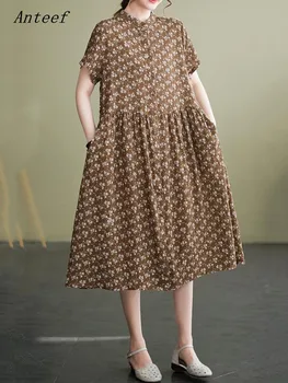 памук, ленени реколта рокля с цветен модел за жени, ежедневното свободно лятна рокля midi, елегантни дрехи 2023